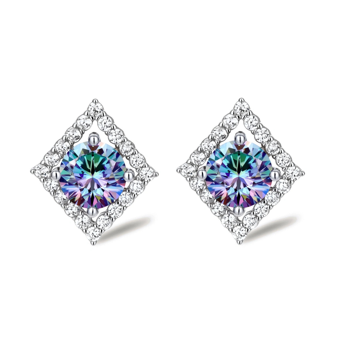 Diamond-shaped sterling silver stud earrings with rainbow moissanite centers surrounded by crystal halos