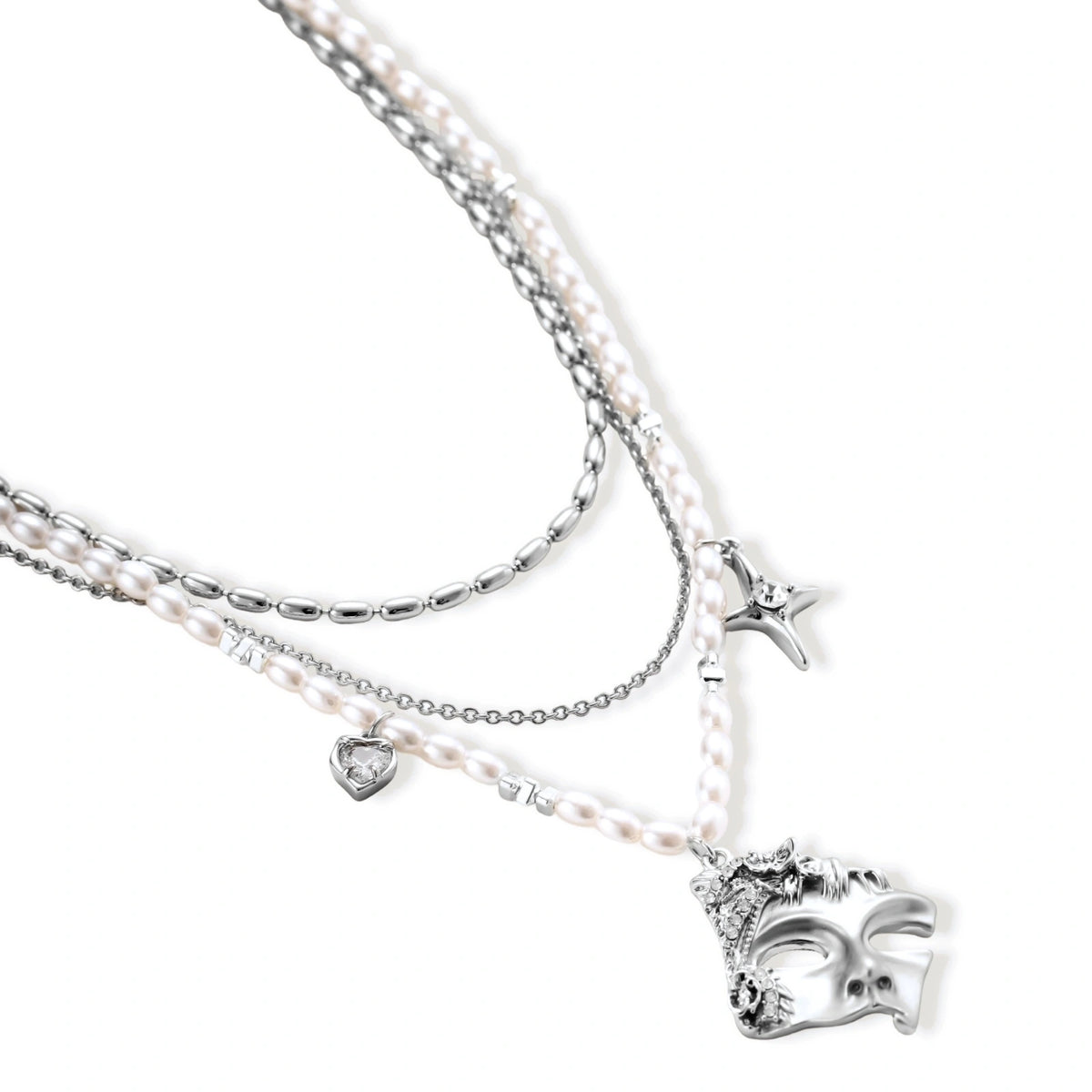 Ornate silver-toned masquerade mask jewelry set featuring rhinestone details and pearl drop earrings on white background.