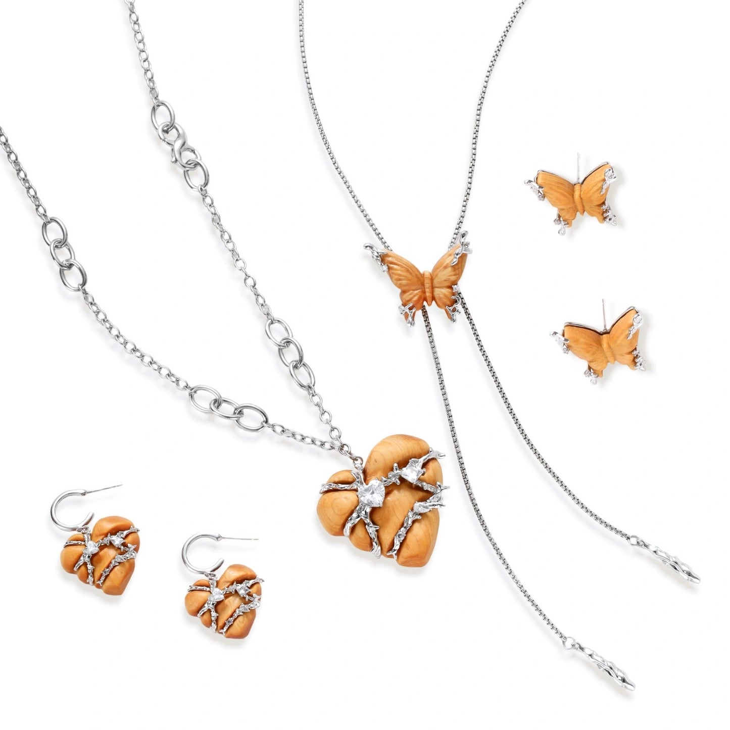 Butterfly Dreams Set — eco-brass wood butterfly necklace and earrings angled product view