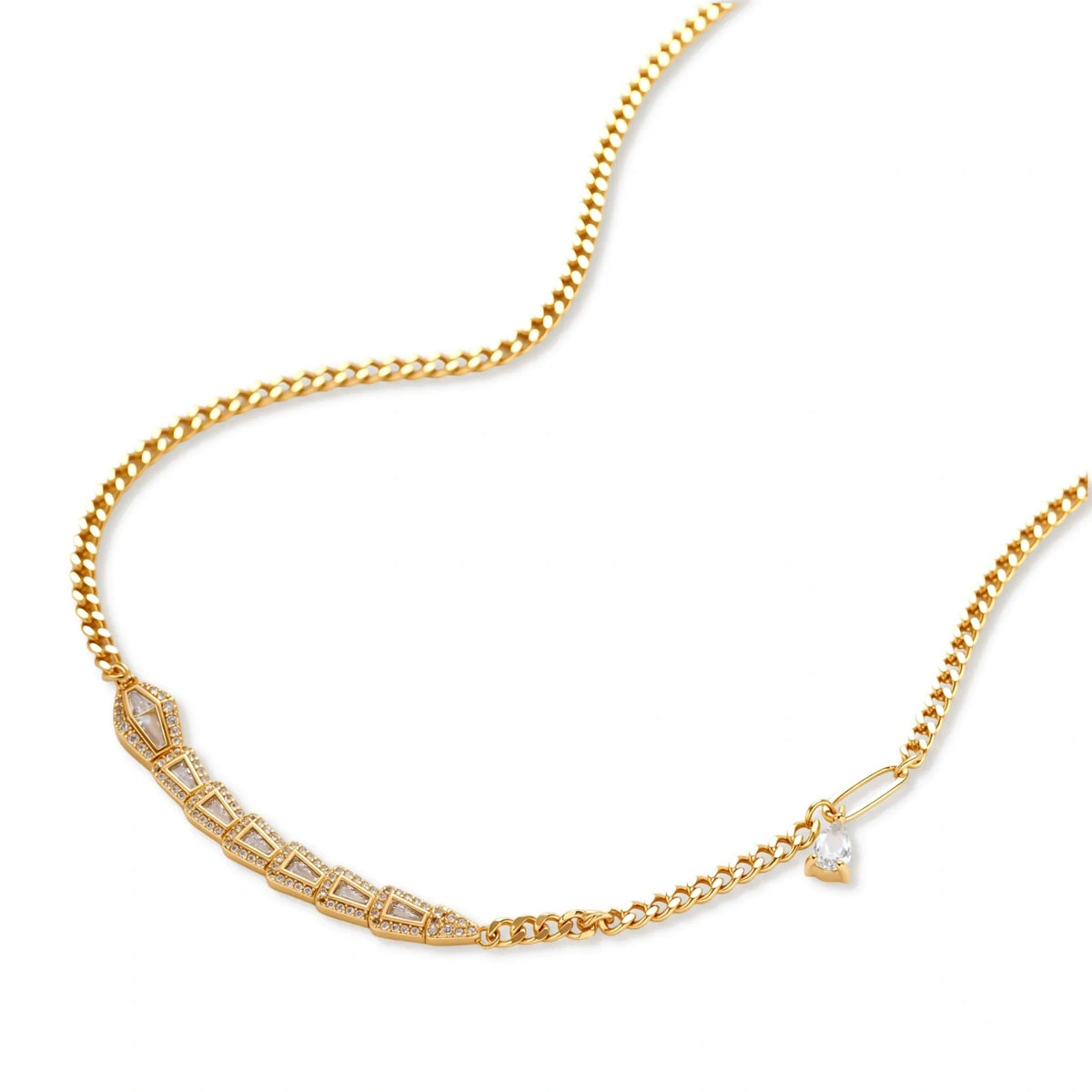 Gold-plated necklace with geometric diamond segments and matching huggie earrings featuring cubic zirconia details