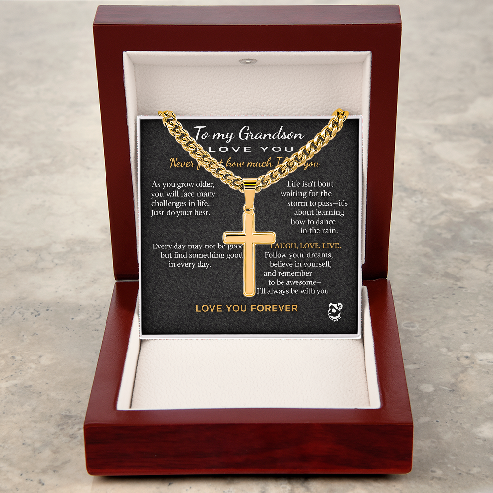 To My Grandson Personalized Artisan Cross with Cuban Link Chain