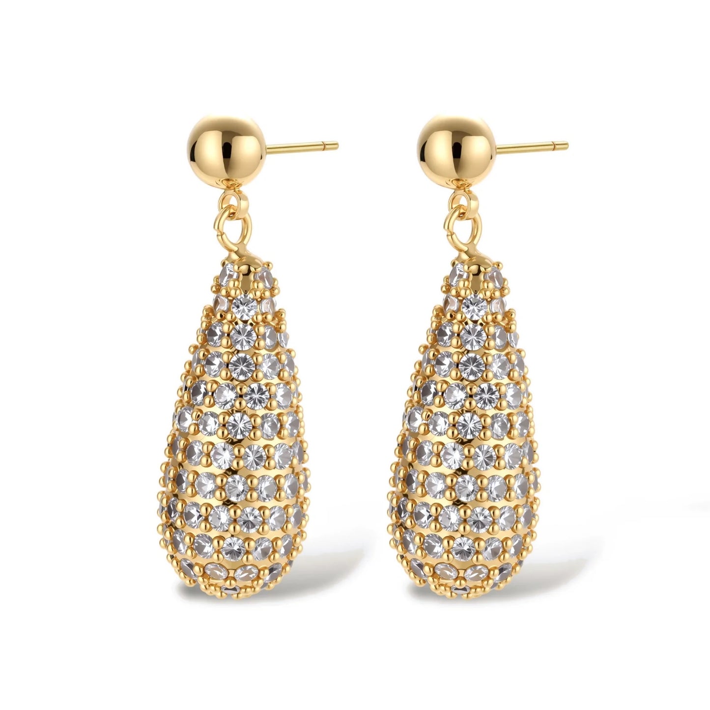 Gold-plated teardrop necklace and earrings covered in AAA cubic zirconia crystals on cream background.