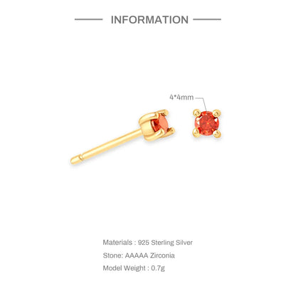 Birthstone Stud Earrings for Women — 925 Sterling Silver, 18K Gold Plated, Mini CZ