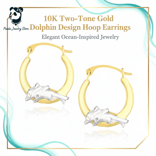 Two 10K two-tone gold hoop earrings with silver dolphin charms, displayed on a white background with a gold border and text overlay.