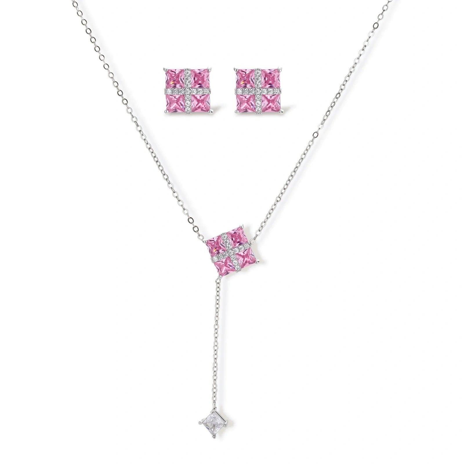 White gold plated jewelry set with pink cubic zirconia stones in geometric cross design, featuring Y-necklace and square stud earrings