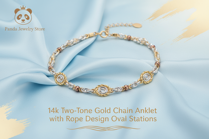 14k Two-Tone Gold Chain Anklet with Rope Design Oval Stations