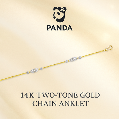 14k Two-Tone Gold Chain Anklet with Rope Design Oval Stations