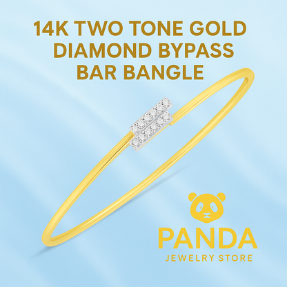 Gold bangle with diamond accents on a light blue background, featuring the Panda Jewelry Store logo.