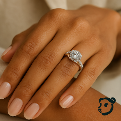 Close-up of a hand wearing a diamond ring with a neutral background