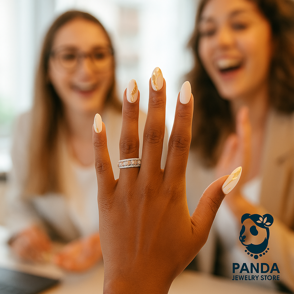 Hand wearing a ring with two women in the background, blurred
