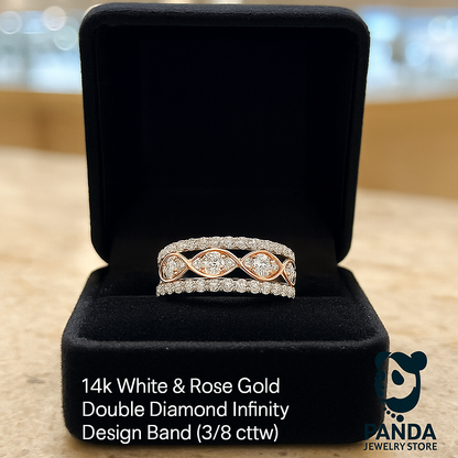 14k White & Rose Gold Double Diamond Infinity Design Band in a black jewelry box with PANDA Jewelry Store logo.