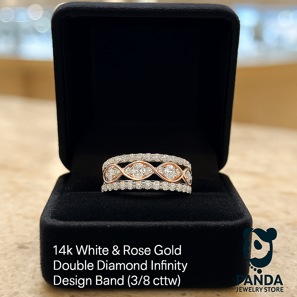 14k White & Rose Gold Double Diamond Infinity Design Band in a black jewelry box with PANDA Jewelry Store logo.
