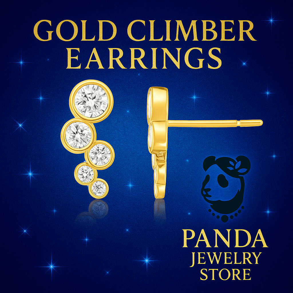 Gold climber earrings with clear gemstones on a blue background with 'Panda Jewelry Store' logo.