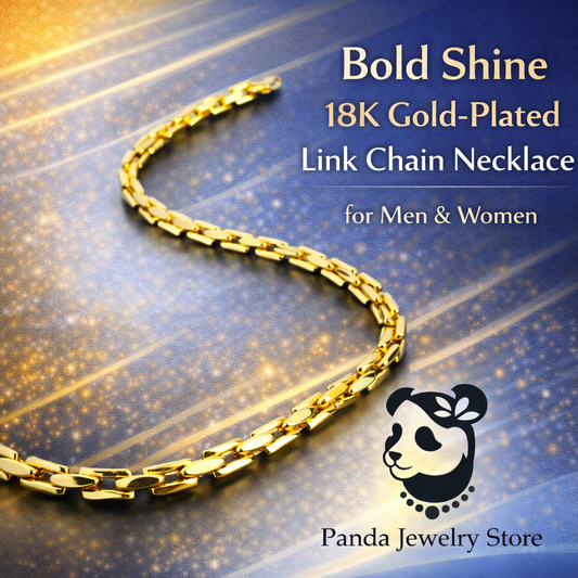 Gold-plated link chain necklace on a blue background with 'Panda Jewelry Store' logo.