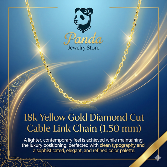 Gold chain necklace with Panda Jewelry Store branding on a blue background