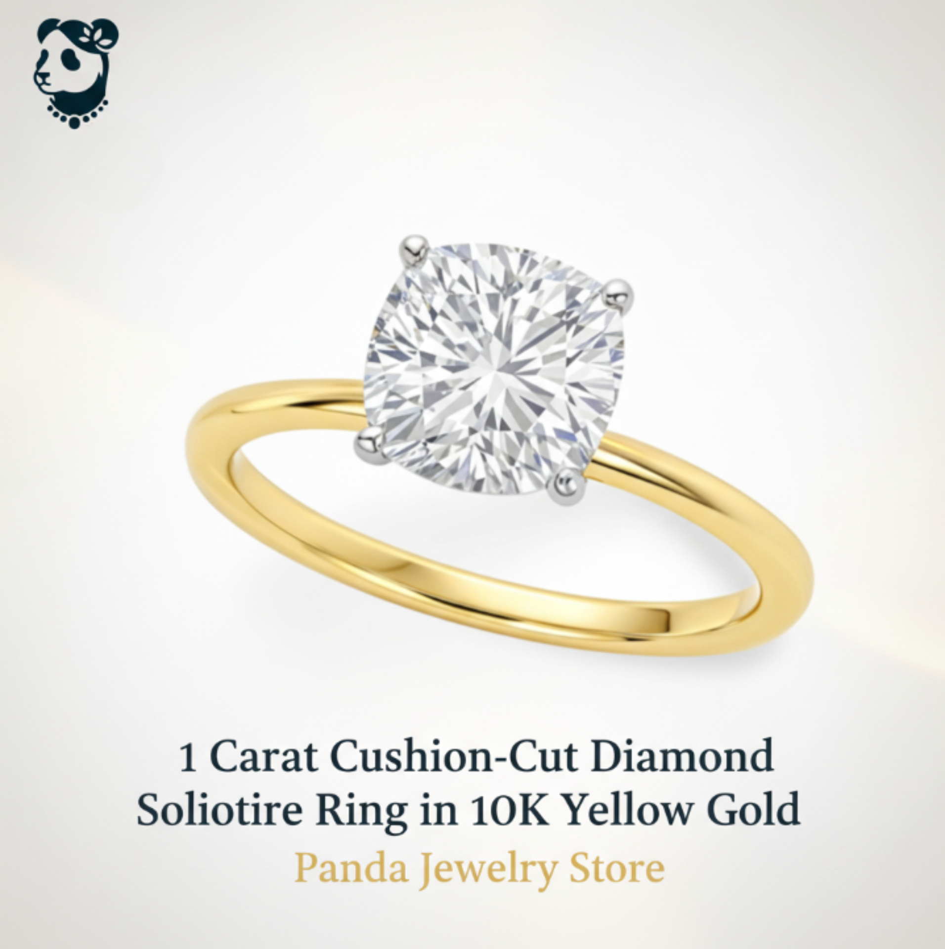 Gold ring with a cushion-cut diamond on a white background, branded as Panda Jewelry Store.