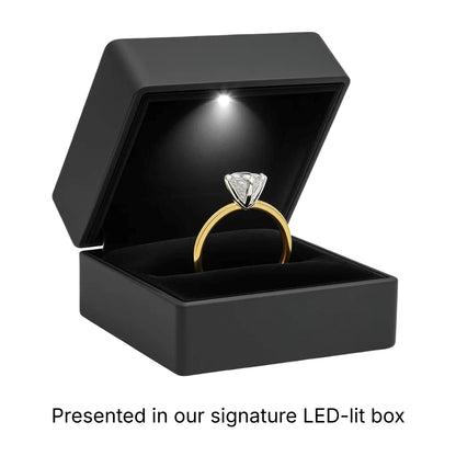 Gold ring in a black LED-lit box on a white background