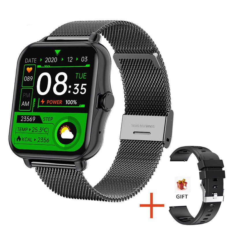 Smartwatch with a metal mesh band and additional band, on a white background