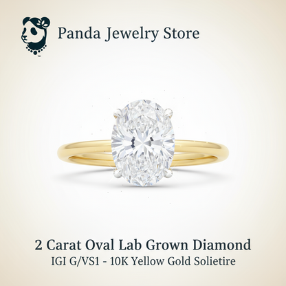 2 Carat Oval Lab Grown IGI G/VS1 Diamond Solitaire Ring in 10K Yellow Gold