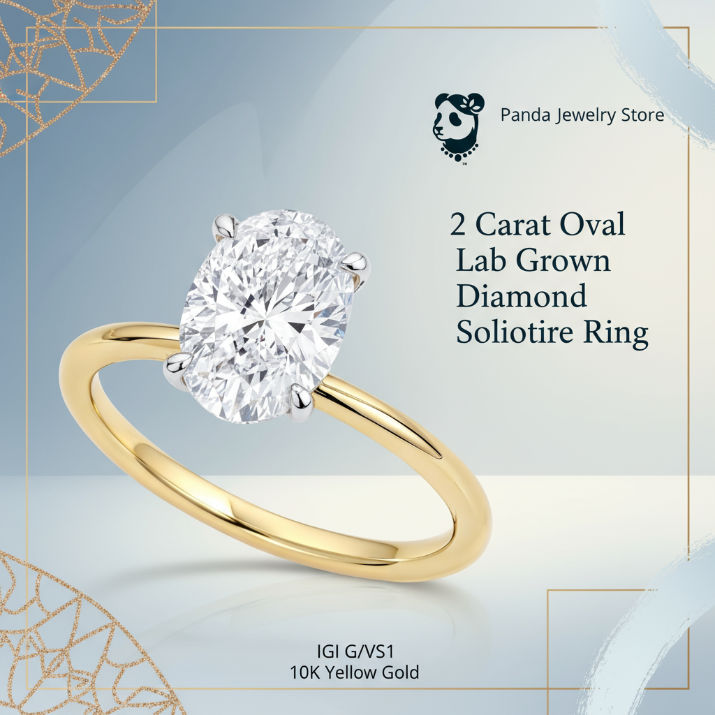 2 Carat Oval Lab Grown IGI G/VS1 Diamond Solitaire Ring in 10K Yellow Gold