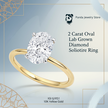 2 Carat Oval Lab Grown IGI G/VS1 Diamond Solitaire Ring in 10K Yellow Gold