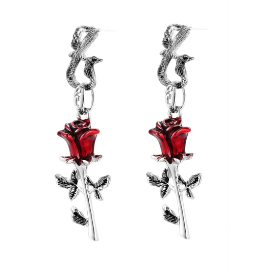 Serpent Rose Earrings — front flat lay showing silver oxidized serpent post with red enamel rosebud and leaf stem