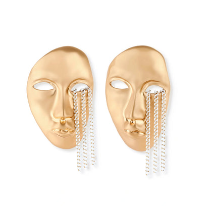 Sculptural face-shaped earrings with flowing chain tassels in polished eco-zinc alloy with sterling silver posts
