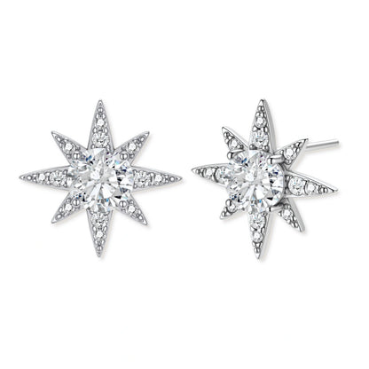 Sterling silver star-shaped stud earrings with brilliant moissanite center stones and pavé details on neutral background.