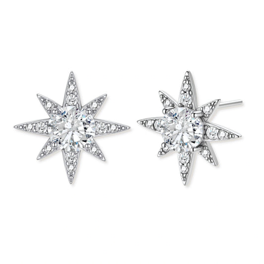 Sterling silver star-shaped stud earrings with brilliant moissanite center stones and pavé details on neutral background.