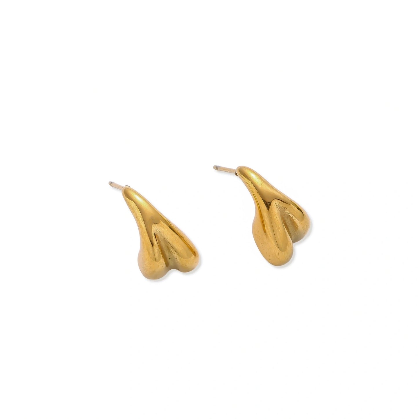 Organic sculptural gold stud earrings with fluid matte finish on cream background