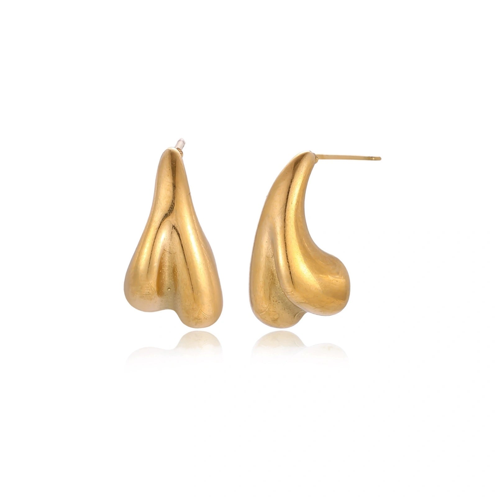 Organic sculptural gold stud earrings with fluid matte finish on cream background