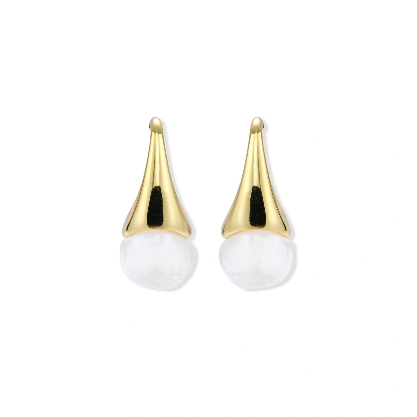 Pair of small gold-plated hoop earrings with triangular cone fronts and curved backs on white background.