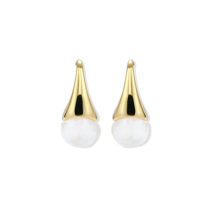 Pair of small gold-plated hoop earrings with triangular cone fronts and curved backs on white background.