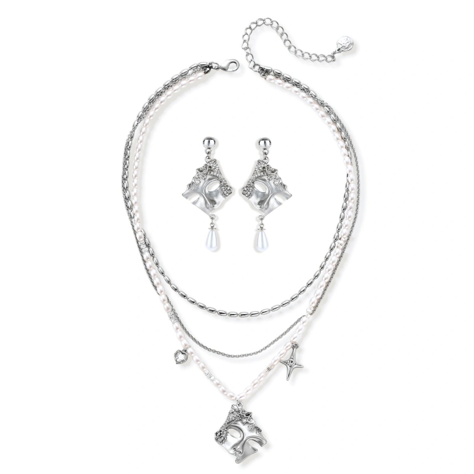 Ornate silver-toned masquerade mask jewelry set featuring rhinestone details and pearl drop earrings on white background.