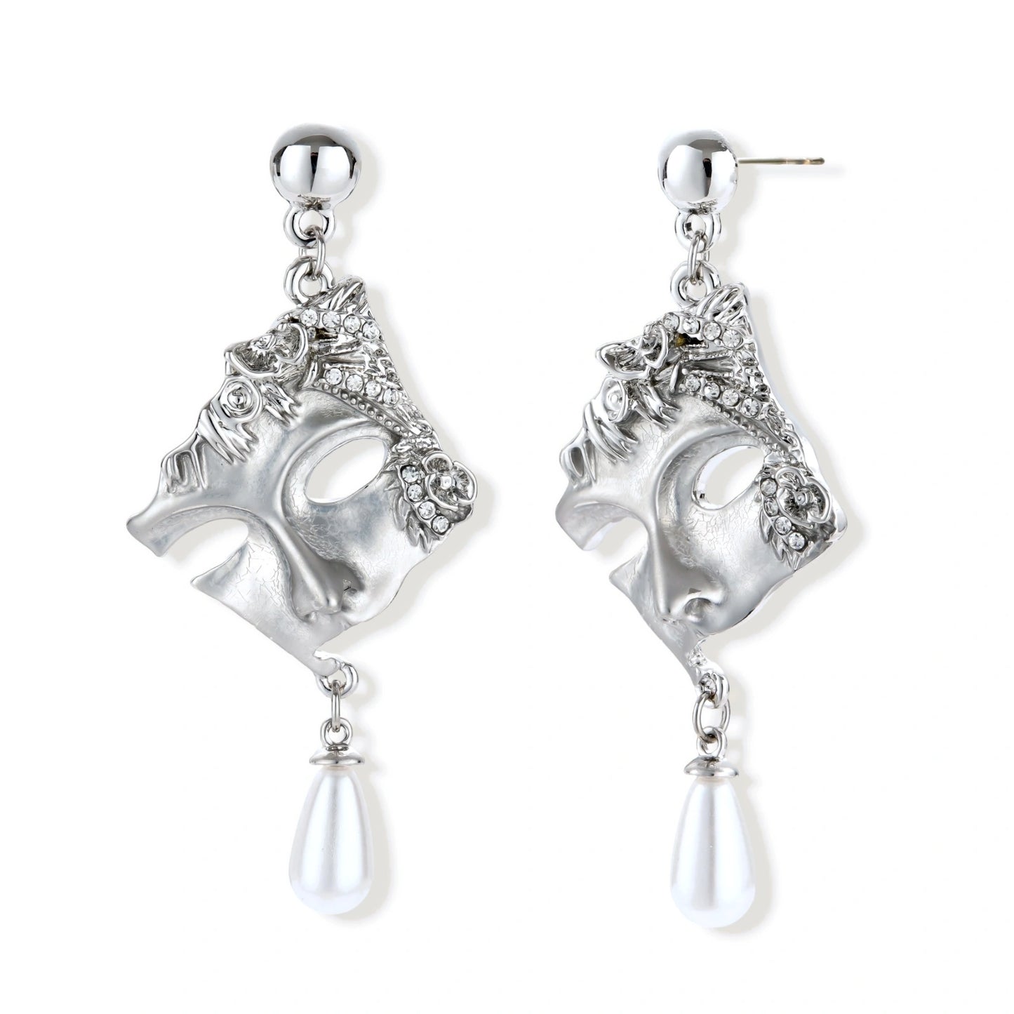 Ornate silver-toned masquerade mask jewelry set featuring rhinestone details and pearl drop earrings on white background.