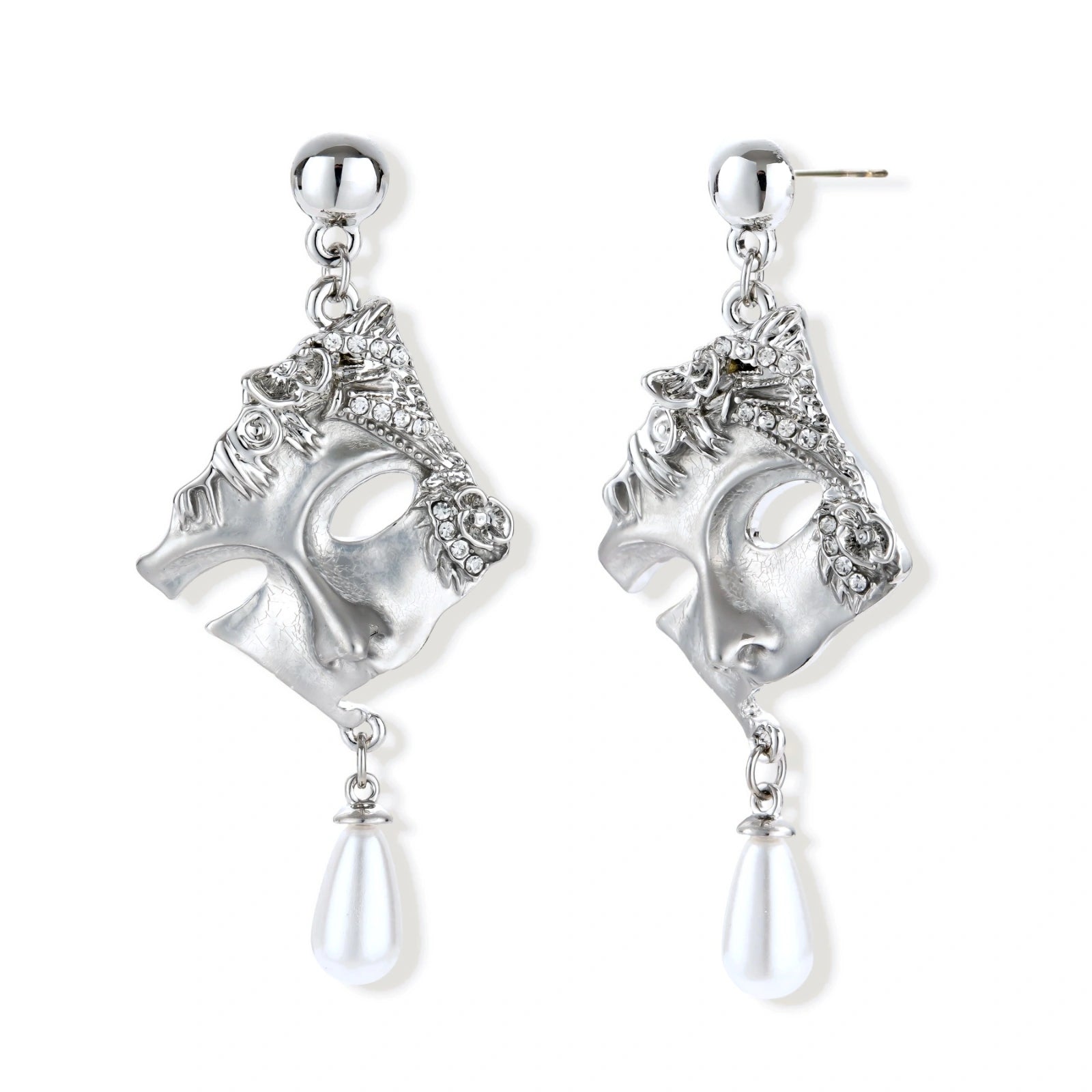 Ornate silver-toned masquerade mask jewelry set featuring rhinestone details and pearl drop earrings on white background.