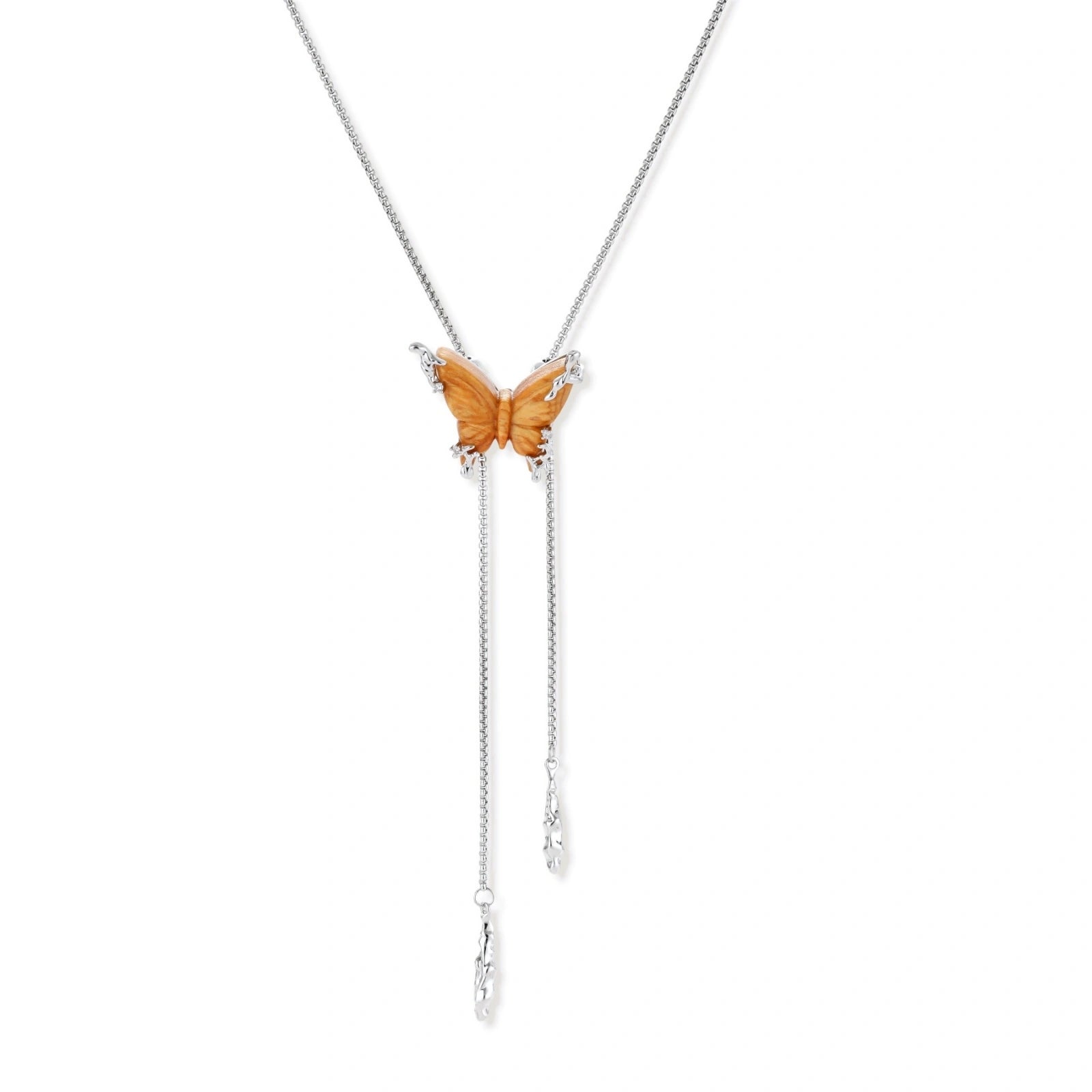 Amber wood butterfly pendant necklace with dangling chains and matching carved wood butterfly earrings on white background.