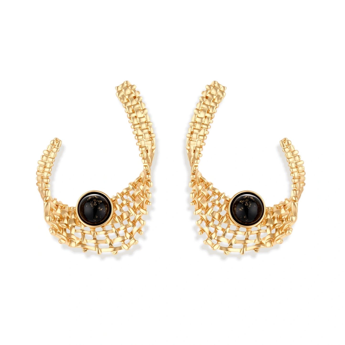 Gold-tone sculptural earrings with interwoven mesh design and black resin stone accents on white background.