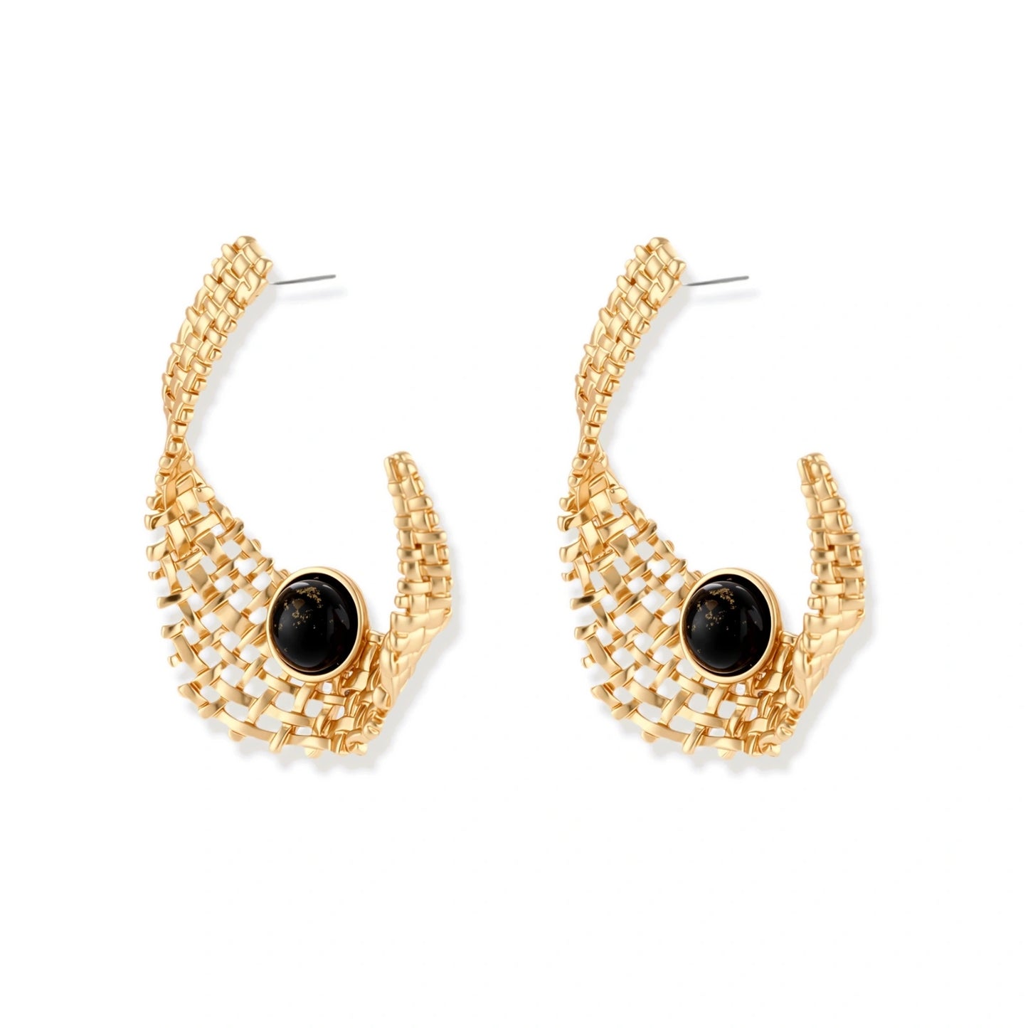 Gold-tone sculptural earrings with interwoven mesh design and black resin stone accents on white background.