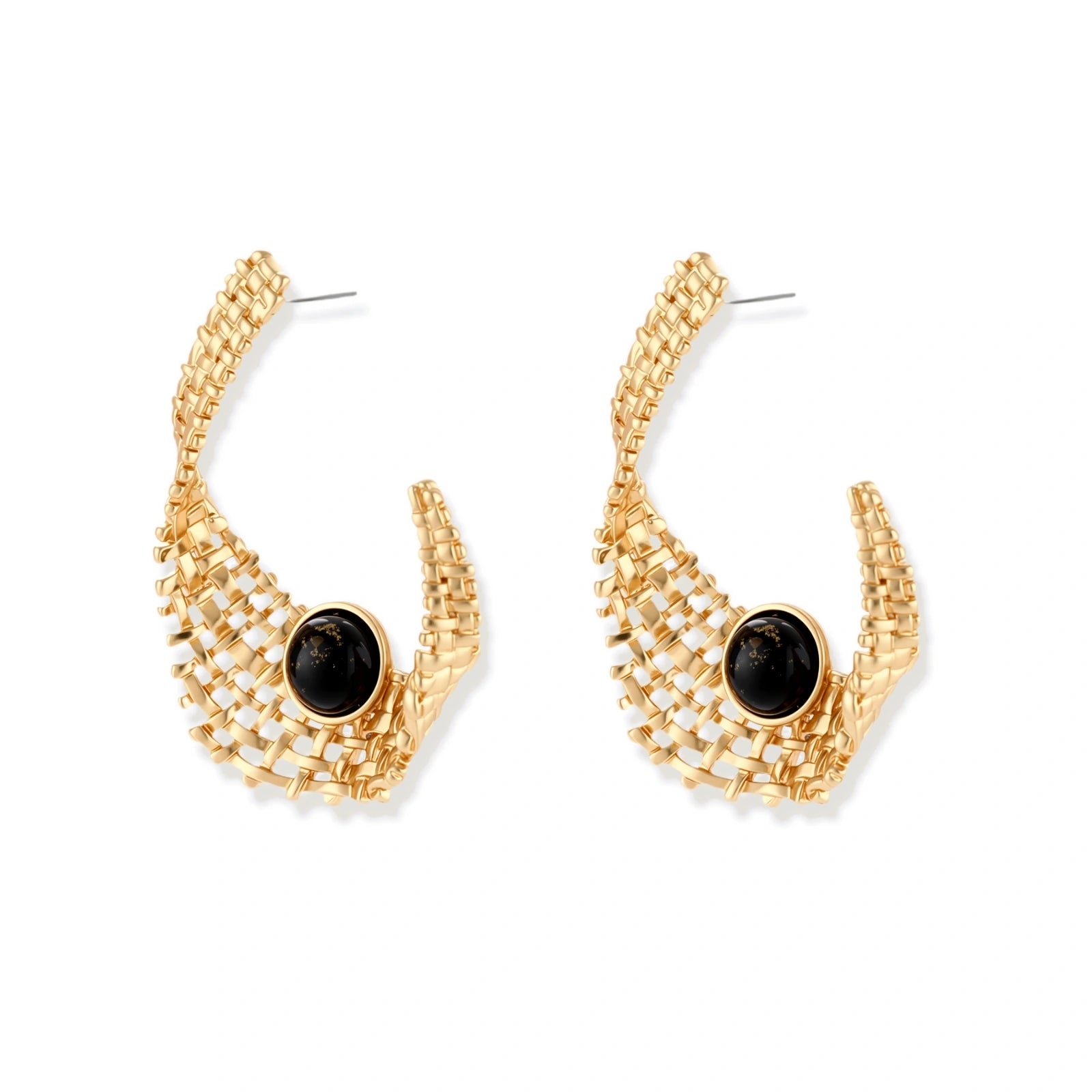 Gold-tone sculptural earrings with interwoven mesh design and black resin stone accents on white background.