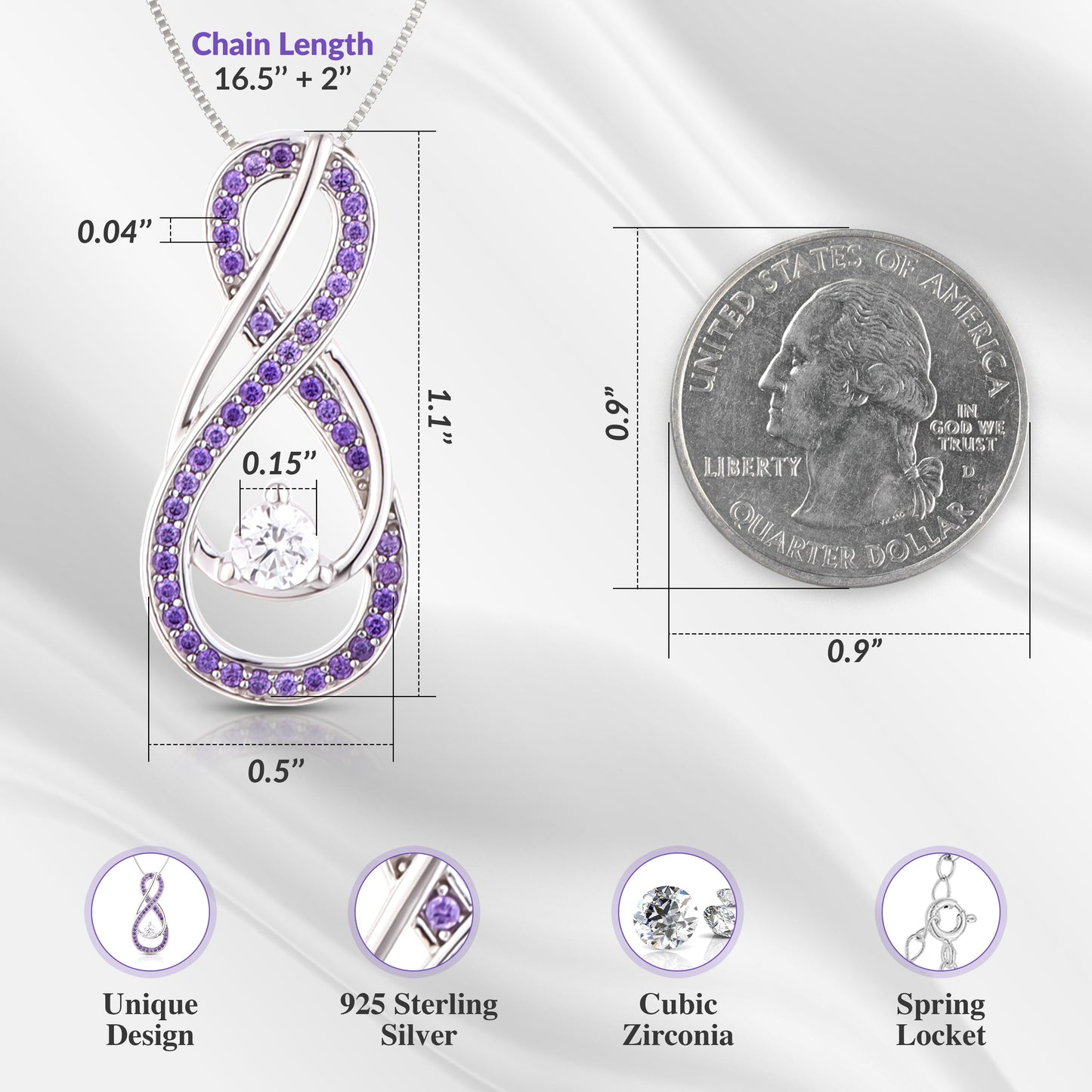 February Birthstone Necklace for Women — Amethyst Purple Infinity Pendant, 925 Sterling Silver