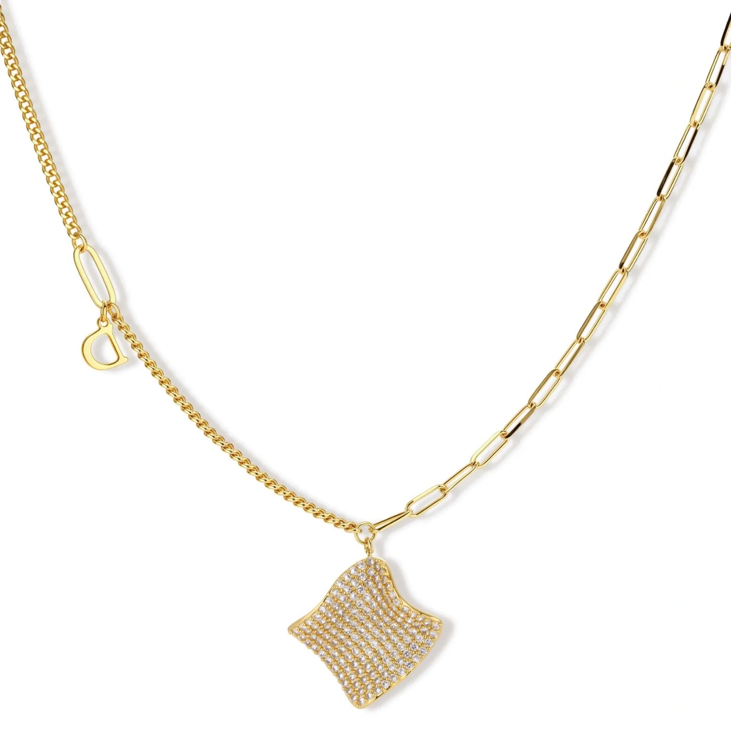 Gold-plated wavy jewelry set with crystal detailing featuring necklace with dual chains and matching textured earrings