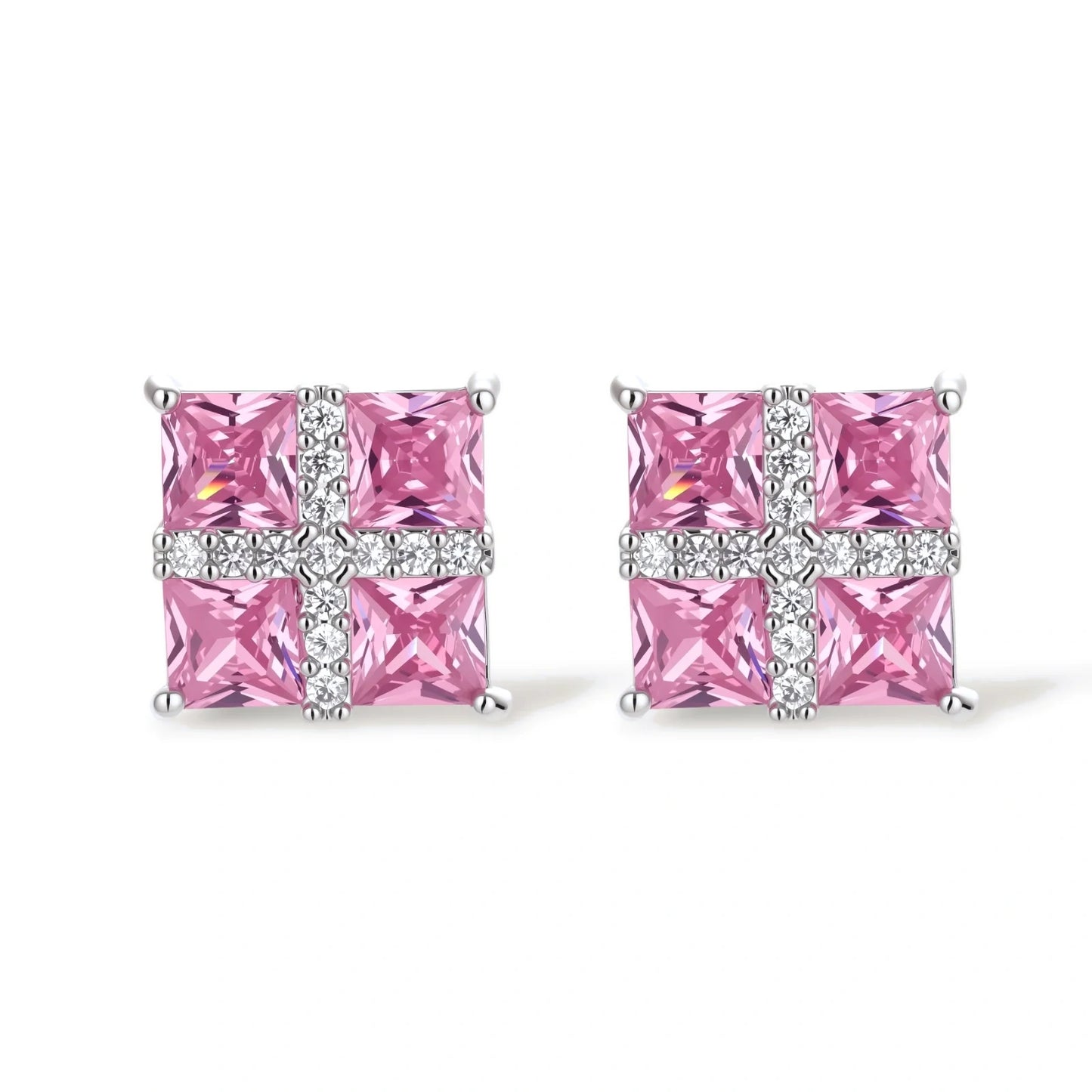 White gold plated jewelry set with pink cubic zirconia stones in geometric cross design, featuring Y-necklace and square stud earrings