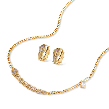 Gold-plated necklace with geometric diamond segments and matching huggie earrings featuring cubic zirconia details