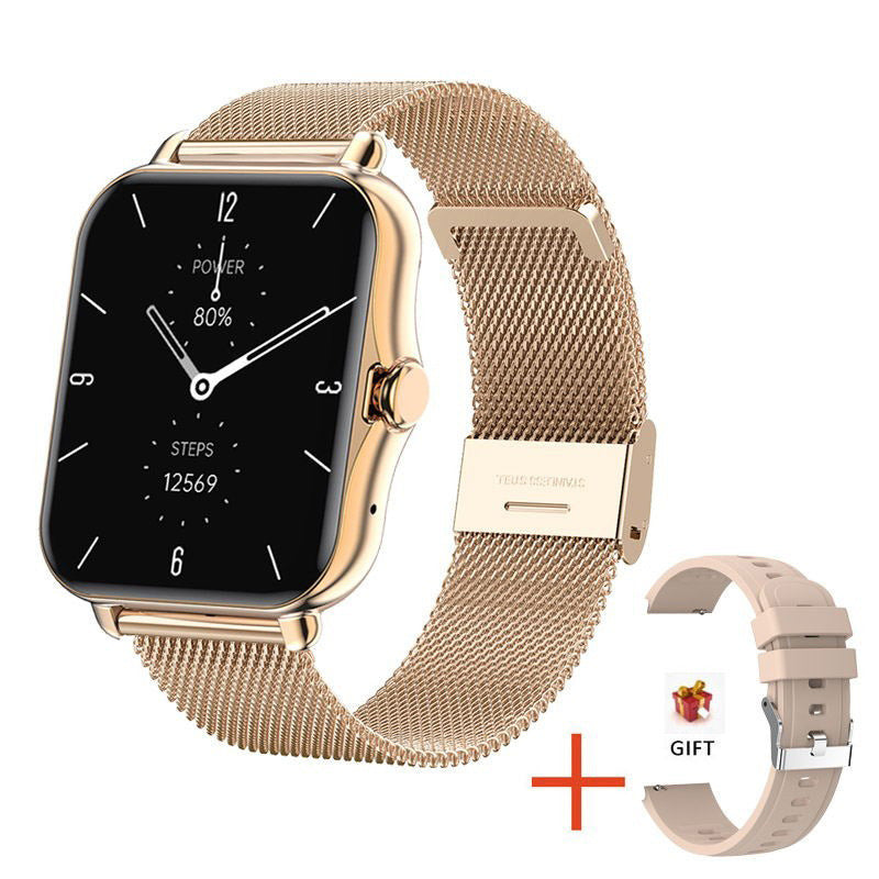 Gold smartwatch with mesh band and additional band on a white background