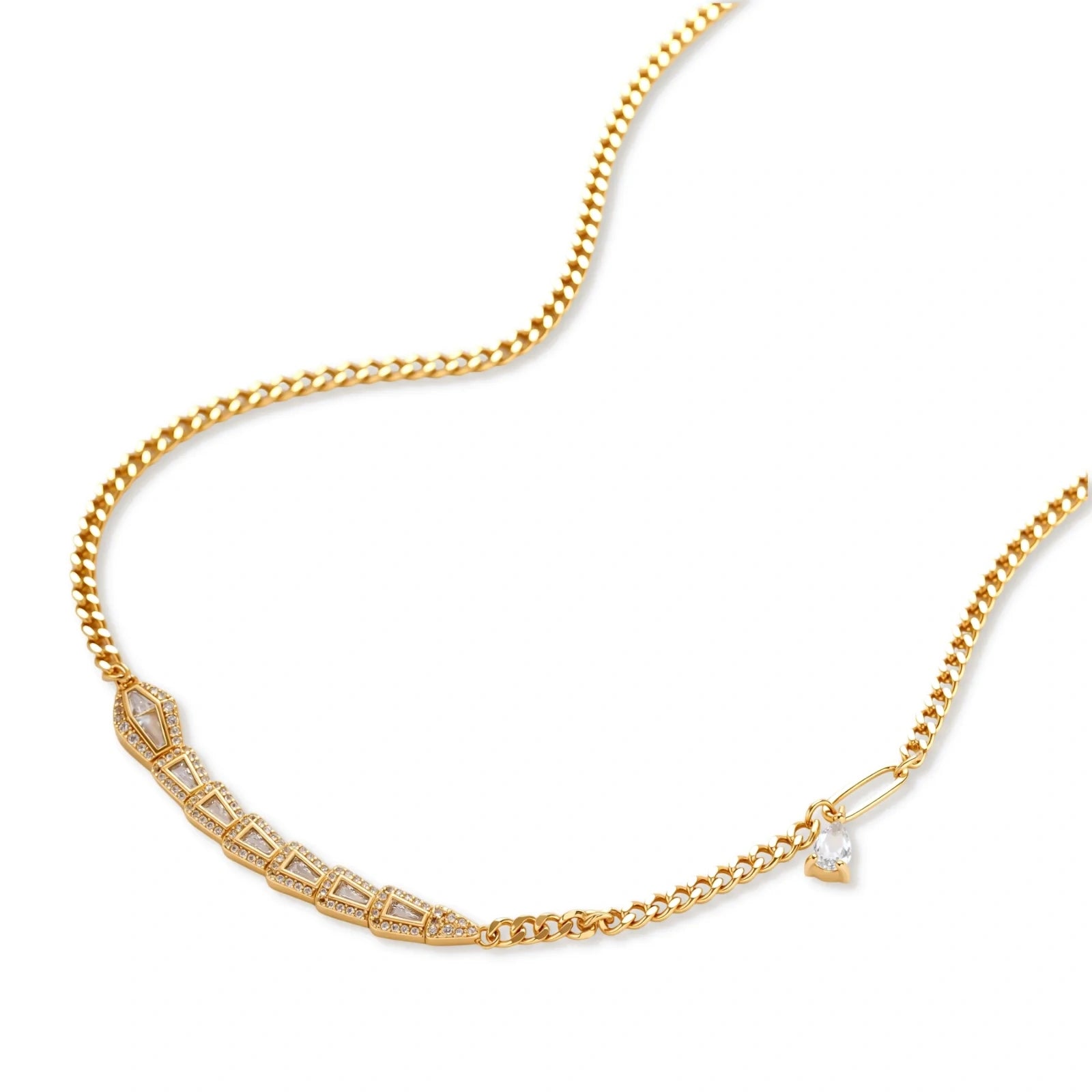 Gold-plated necklace with geometric diamond segments and matching huggie earrings featuring cubic zirconia details