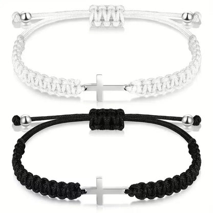 Black and white woven cross couple bracelets set — adjustable wristbands on wrists
