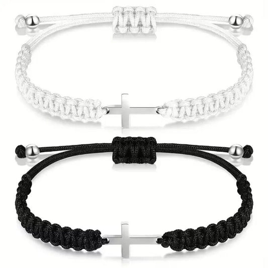 Black and white woven cross couple bracelets set — adjustable wristbands on wrists