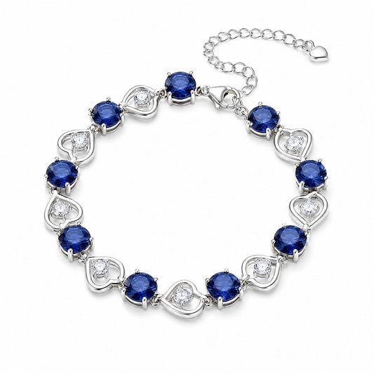 Heart link blue CZ tennis bracelet for women — full bracelet on wrist