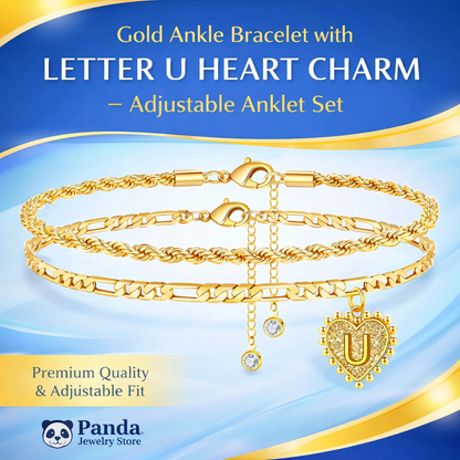 Gold Ankle Bracelet with Letter U Heart Charm – Adjustable Anklet Set | Panda Jewelry